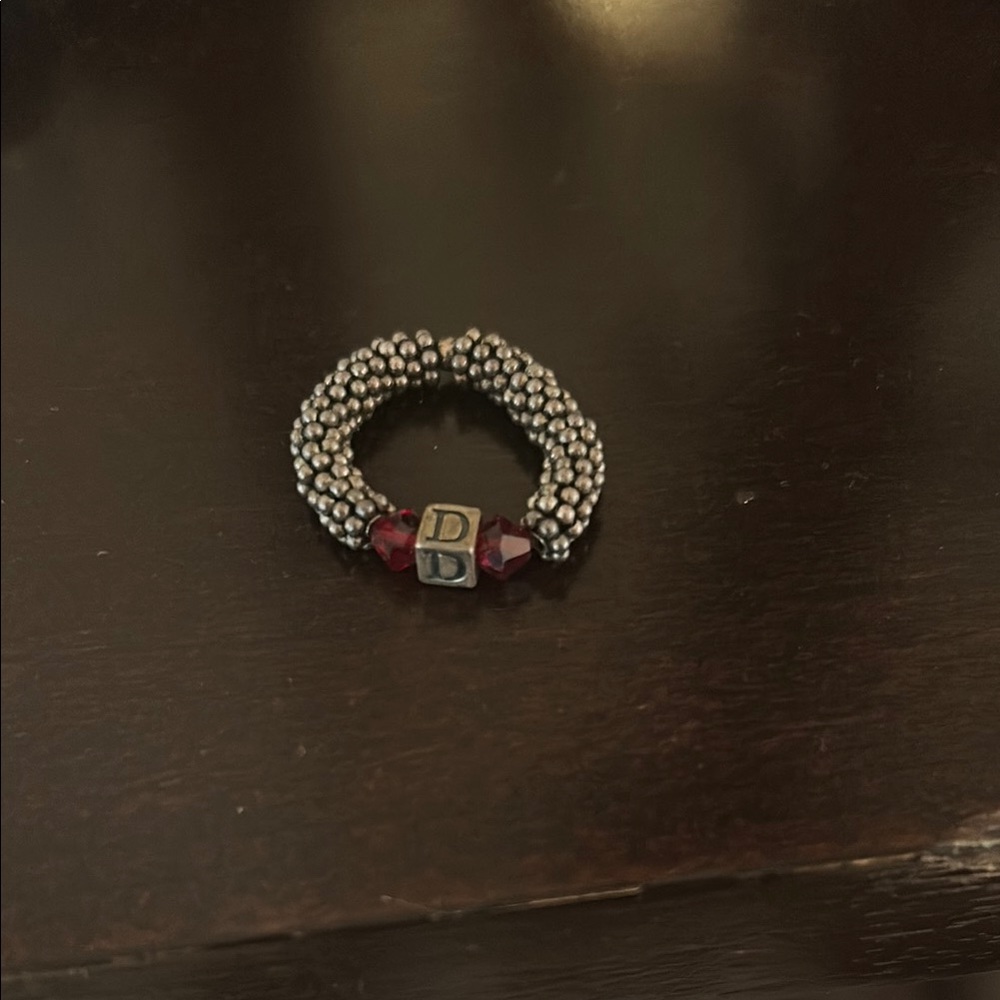 Silver Beaded  initial “D” Ring with Red Accents
